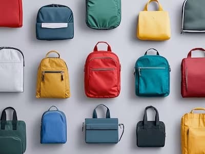 Assorted colorful backpacks and bags arranged in rows, featuring various colors such as red, yellow, blue, green, and black.