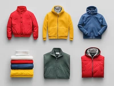 Assortment of outerwear including jackets, hoodies, and sweaters in various colors such as red, yellow, blue, green, and folded clothing stacked in a pile.