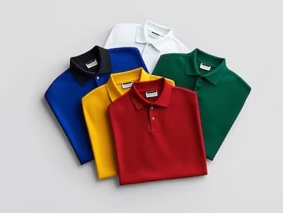 Five folded polo shirts in various colors arranged in a fan shape, including blue, yellow, red, green, and white.