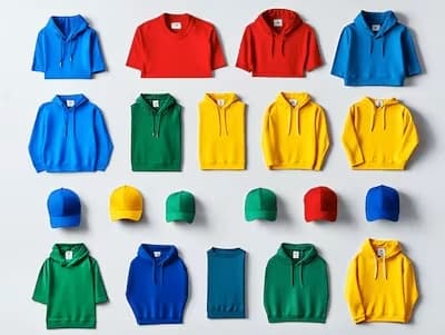 Colorful assortment of hoodies, sweatshirts, t-shirts, and baseball caps arranged in rows, featuring colors like blue, red, green, and yellow.