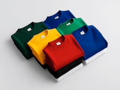 Stack of folded sweatshirts in various colors, including green, yellow, red, blue, black, and white, arranged in two rows.