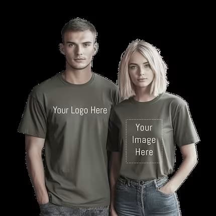 Young man and woman standing side by side wearing olive green t-shirts with placeholders for custom designs. The man’s shirt displays 'Your Logo Here,' while the woman’s shirt shows 'Your Image Here' indicating space for an image.